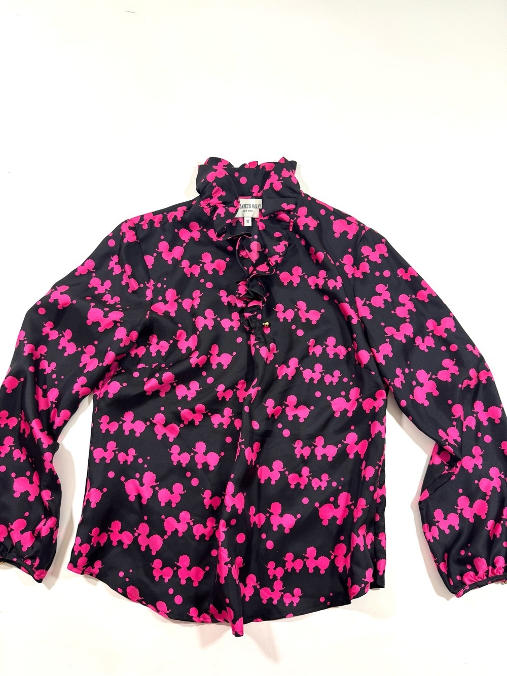 Elizabeth McKay Silk Blouse Poodle Print Black Pink